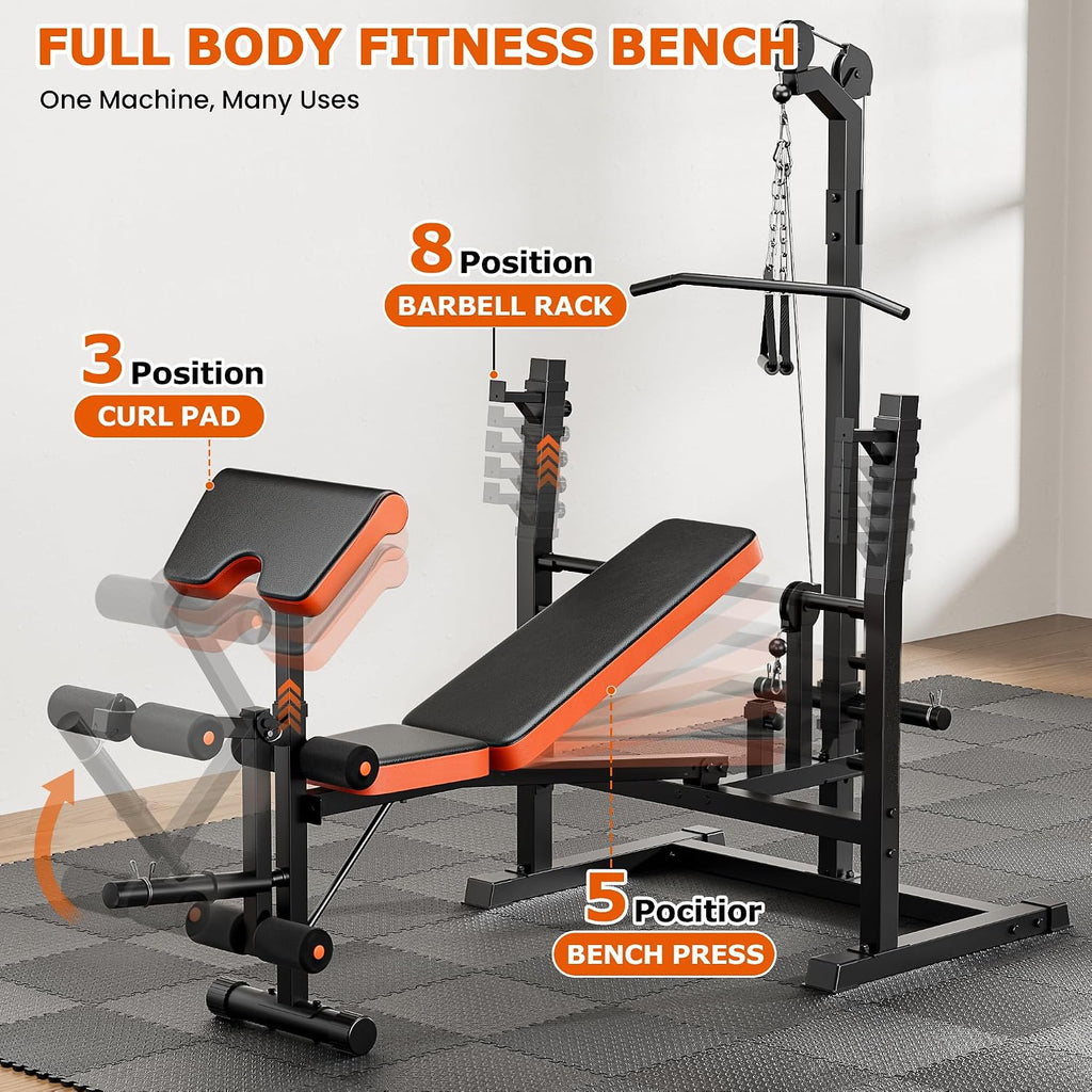 9-in-1 Adjustable Olympic Weight Bench with Lat Pulldown, Row, Squat Rack & Leg Curl – Multi-Function Strength Training Bench Press for Home Gym Full Body Workout