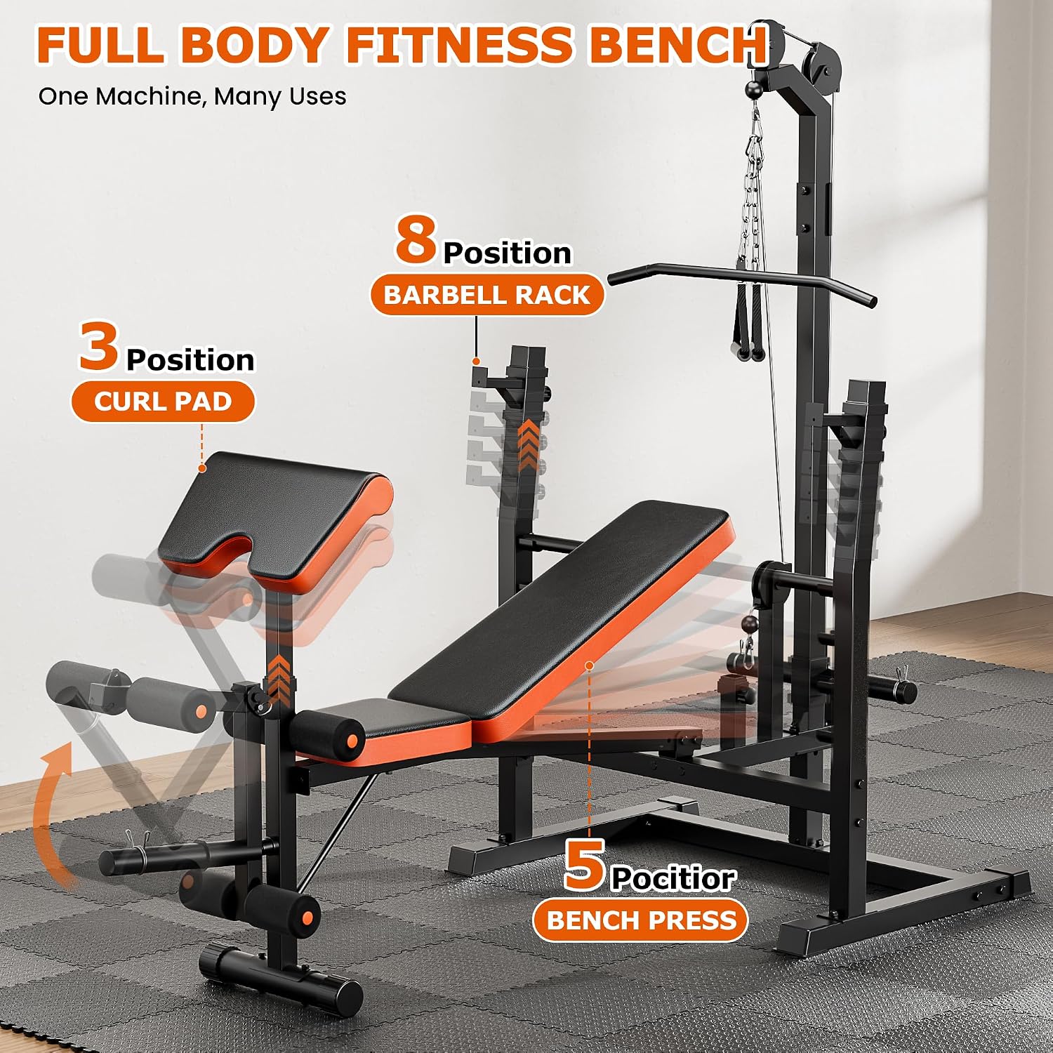 9-in-1 Adjustable Olympic Weight Bench with Lat Pulldown, Row, Squat Rack & Leg Curl – Multi-Function Strength Training Bench Press for Home Gym Full Body Workout