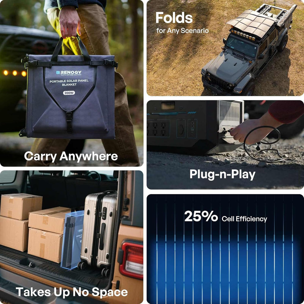 Renogy 200W Portable Solar Panel Blanket, 25% High Efficiency N-Type Foldable Solar Charger for Power Station, Lightweight 8-Fold Space Save, USB-A Type-C Output, For Camping, RV, Pickup Truck, Marine
