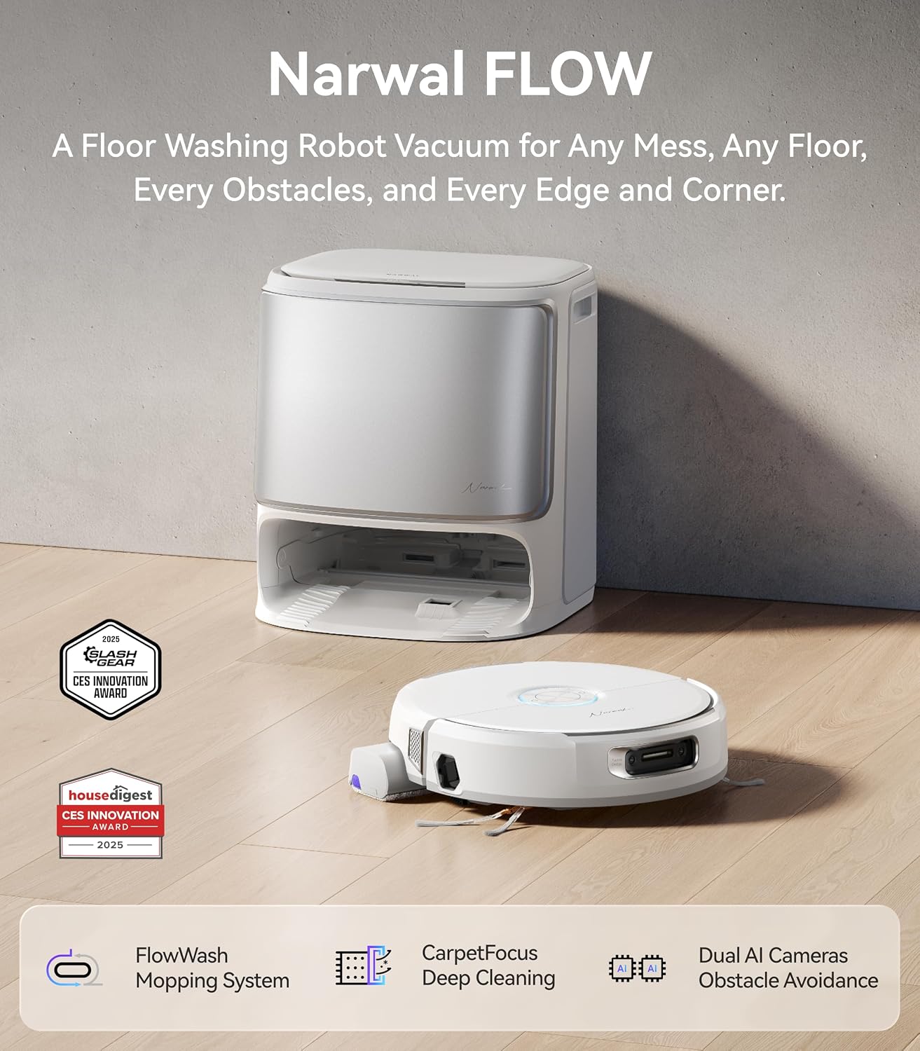 NARWAL Flow Robot Vacuum and Mop Combo, FlowWash Real-Time Self-Cleaning Track Mop, 22,000 Pa Suction, Dual-Camera AI Obstacle Avoidance, Carpet & Edge Cleaning, Self-Emptying Robot Vacuum,White