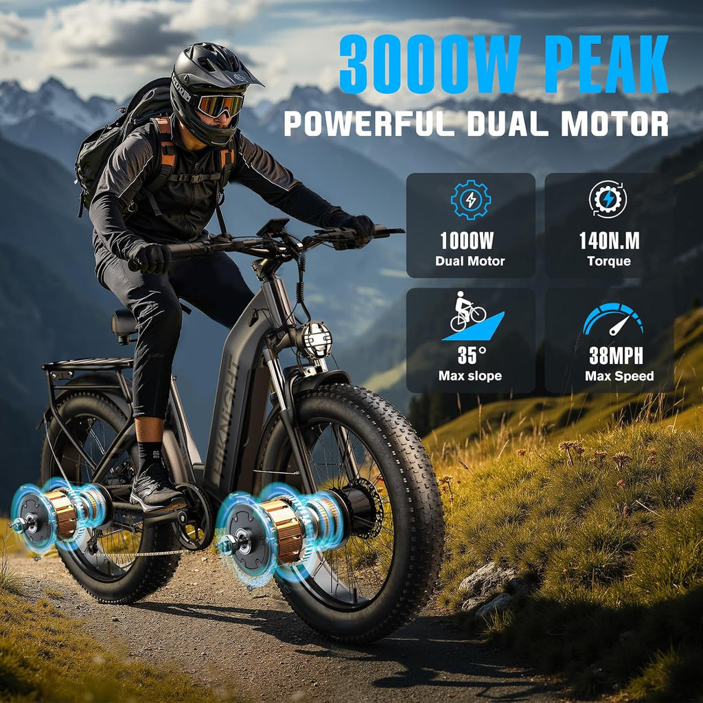 Dual Motor Electric Bike for Adults, 3000W Peak 52V 20AH Battery E Bike 26' x 4.0' Fat Tire Electric Mountain Bike Step-Thru Electric Bicycle for Women/Men, Up to 38MPH, Dual Hydraulic Brake