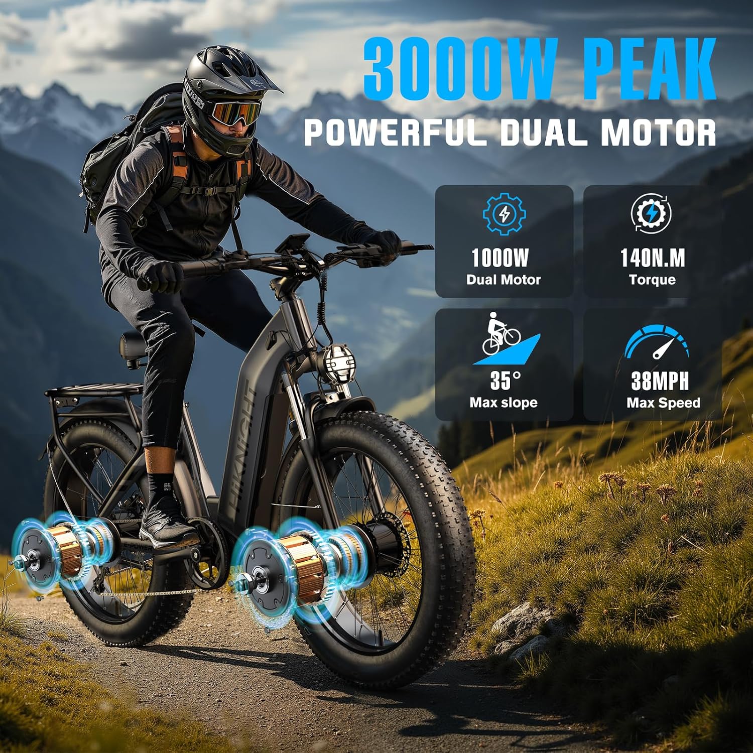 Dual Motor Electric Bike for Adults, 3000W Peak 52V 20AH Battery E Bike 26' x 4.0' Fat Tire Electric Mountain Bike Step-Thru Electric Bicycle for Women/Men, Up to 38MPH, Dual Hydraulic Brake