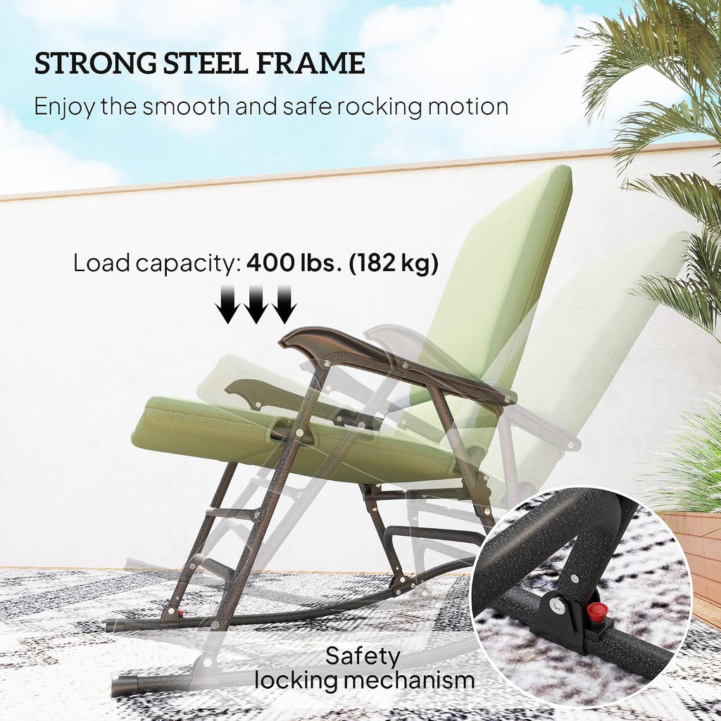 Outsunny Folding Outdoor Rocking Chairs Set of 2, Oversized Outdoor Rocking Camping Chair with 400 lbs. Capacity, Wide Seat, Padded High Back for Patio, Porch, Garden, Dark Green