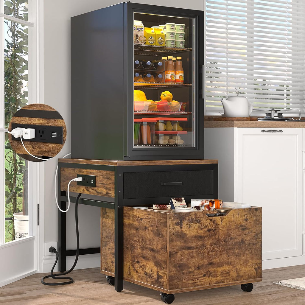 Unikito Mini Fridge Stand with Drawer Storage and Sockets, Heavy Duty Small Refrigerator Stand Cart for Dorm, Apartment, Office, Bedroom, Mini Fridge and Microwave Stand, Hold 300LBS, Rustic Brown