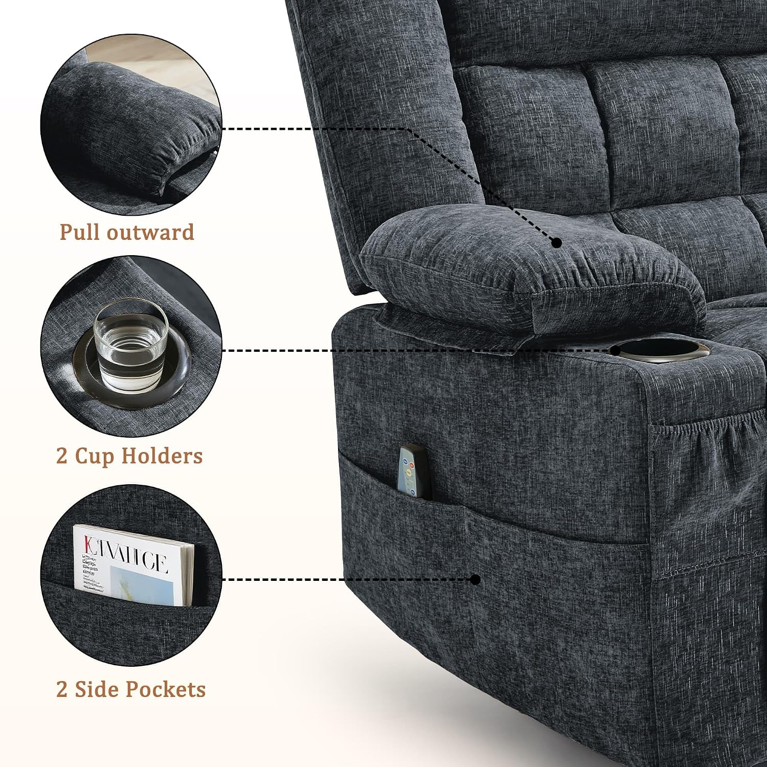 Korser 360° Swivel Rocker Recliner for Adults, Nursery Glider Recliner with Massage and Heating, Rocking Chair with Cup Holder, Manual Recliner Chair for Living Room, Bedroom (Fabric, Dark Gray)