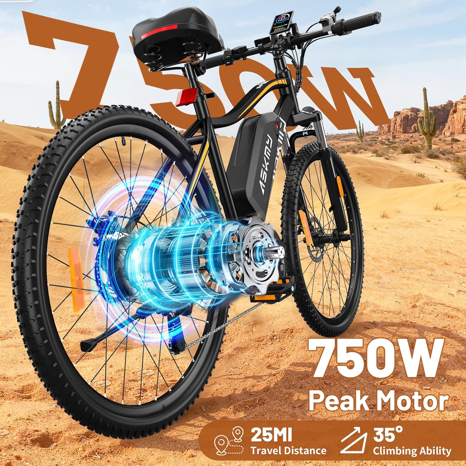 Electric Bike for Adults 750W Peak Motor, 26 Inch Mountain E-Bike with 48V Removable Battery, 7-Speed, Front Fork Suspension, Commuter Electric Bicycle with 25MPH and 40-55Miles PAS Range