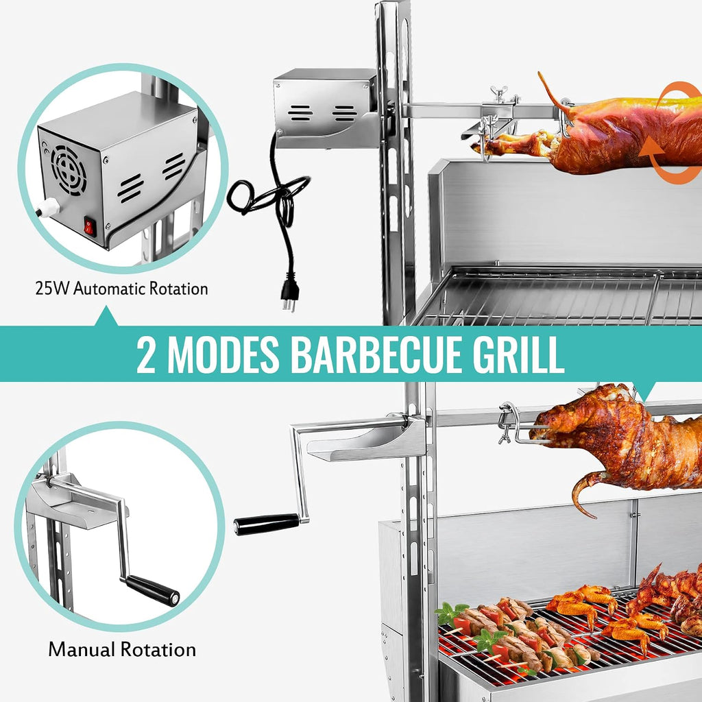 25w 48.6in Electric Rotisserie Grill Portable 176lbs Portable Stainless Steel Rotisserie Grill Roster With Wheels, Motor, Wind Baffle For Pig Chicken Lamb Rotisseries Roasting Machine