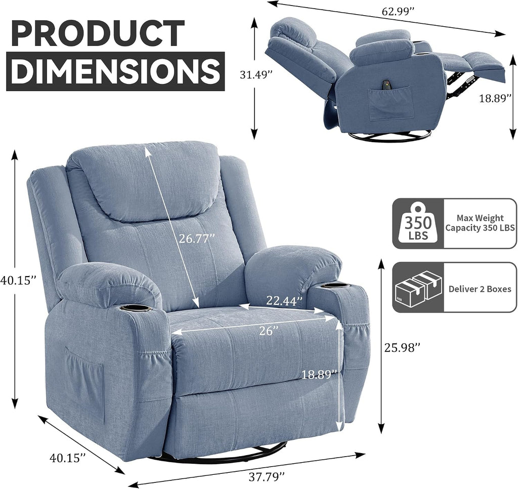 Korser Oversized Recliner Chair, 360° Swivel Recliner for Adults, Swivel Rocker Recliner Chair with Heat and Massage, Manual Recliner with Remote Control and Cup Holders for Living Room, Chenille