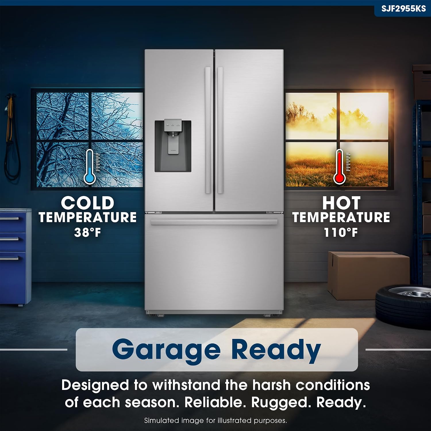 Sharp SJF2955KS 28.9 cu. ft., 3-door French Door Refrigerator, Ice/Water Dispenser, Advanced Cooling Plus System, Chill-Boost & Freezer-Boost, Automatic Dual Ice Maker Garage Ready, Stainless Steel
