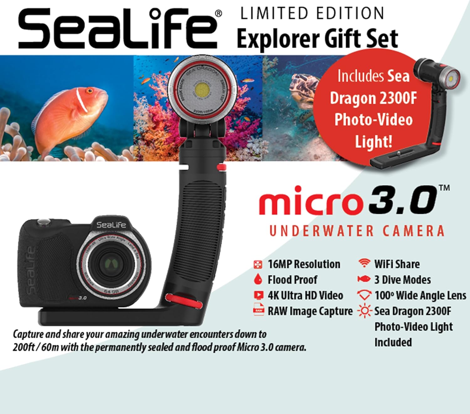 SeaLife Micro 3.0 Limited Edition Explorer Underwater Camera Gift Set for Photography & Video, Easy Set-up, Includes Sea Dragon 2300 Photo-Video Light
