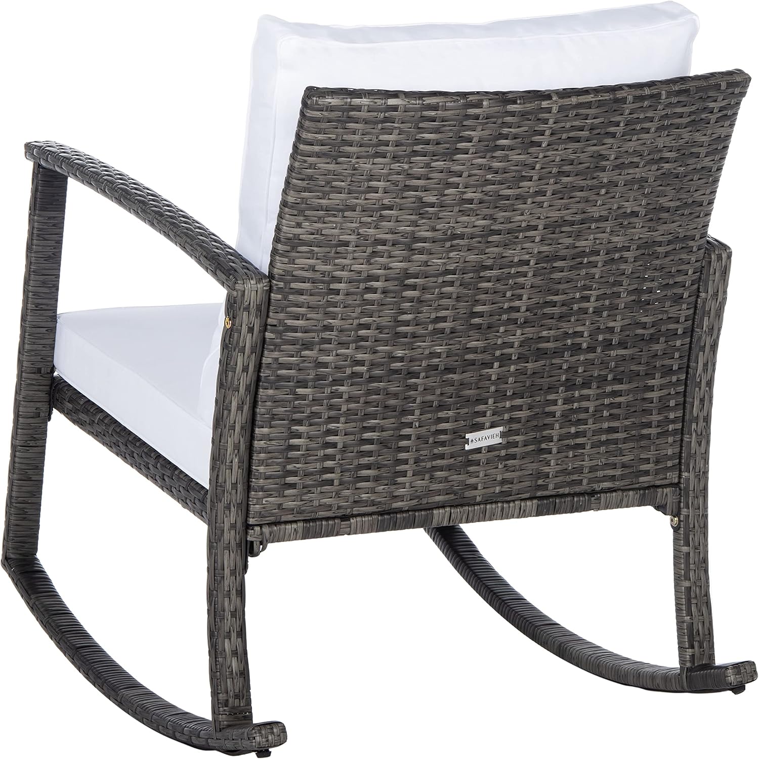 SAFAVIEH Outdoor - Daire Rocking Chair - Grey Brown & White - Steel Frame & Faux Rattan with Cushion - Open-Frame Design - Ideal for Patio, Deck, Porch, Backyard, 14.4' Seat Height (PAT7721C)
