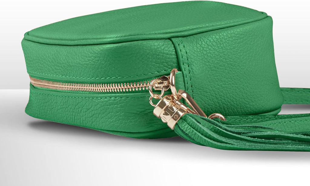 Italian Calf Leather Crossbody Bag for Women with Tassel Zipper | Small Camera Purse Shoulder Handbag Pocketbook