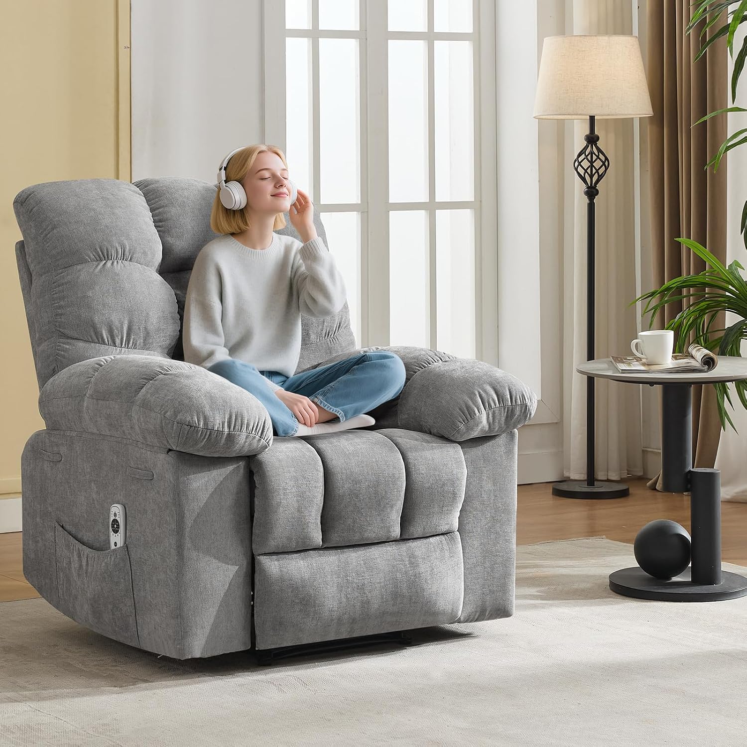 Garvee 21.4in Wide Recliner Chair,Massage & Heat Recliner Chair for Adults,Home Theater Seating with Lumbar Support,Ergonomic Breathable Fabric Nursery Rocking Chairs for Living Room