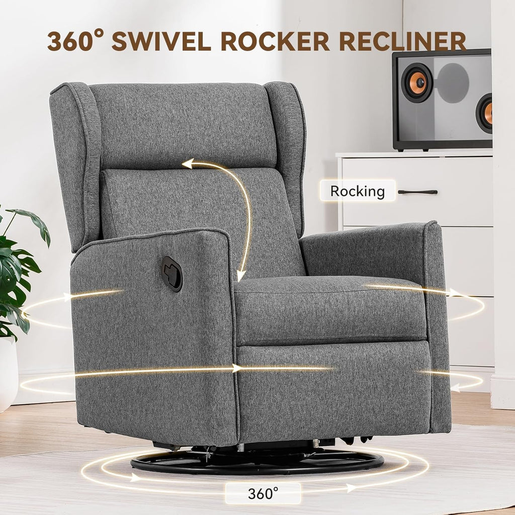 COMHOMA Nursery Rocking Chair Fabric Upholstered Swivel Rocker Recliner Manual Glider Reclining Chair for Living Room Bedroom Offices (Dark Grey)