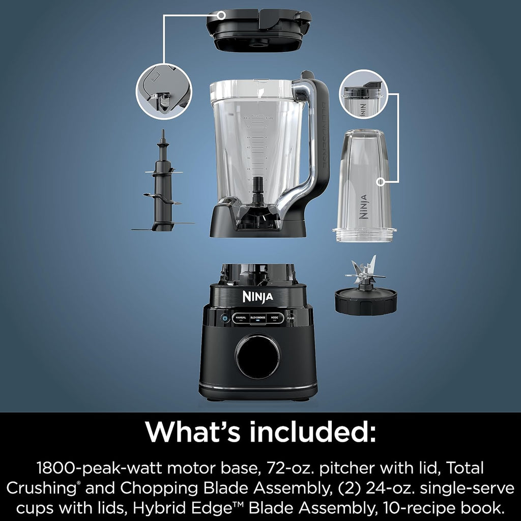 Ninja Full Size & Personal Blender I All-in-One | For-Smoothies, Food and More | BlendSense Tech I Includes 72 oz. Pitcher & (2) 24 oz. To-Go Cups with Lids | 1800 Peak Watt | Black | TB301