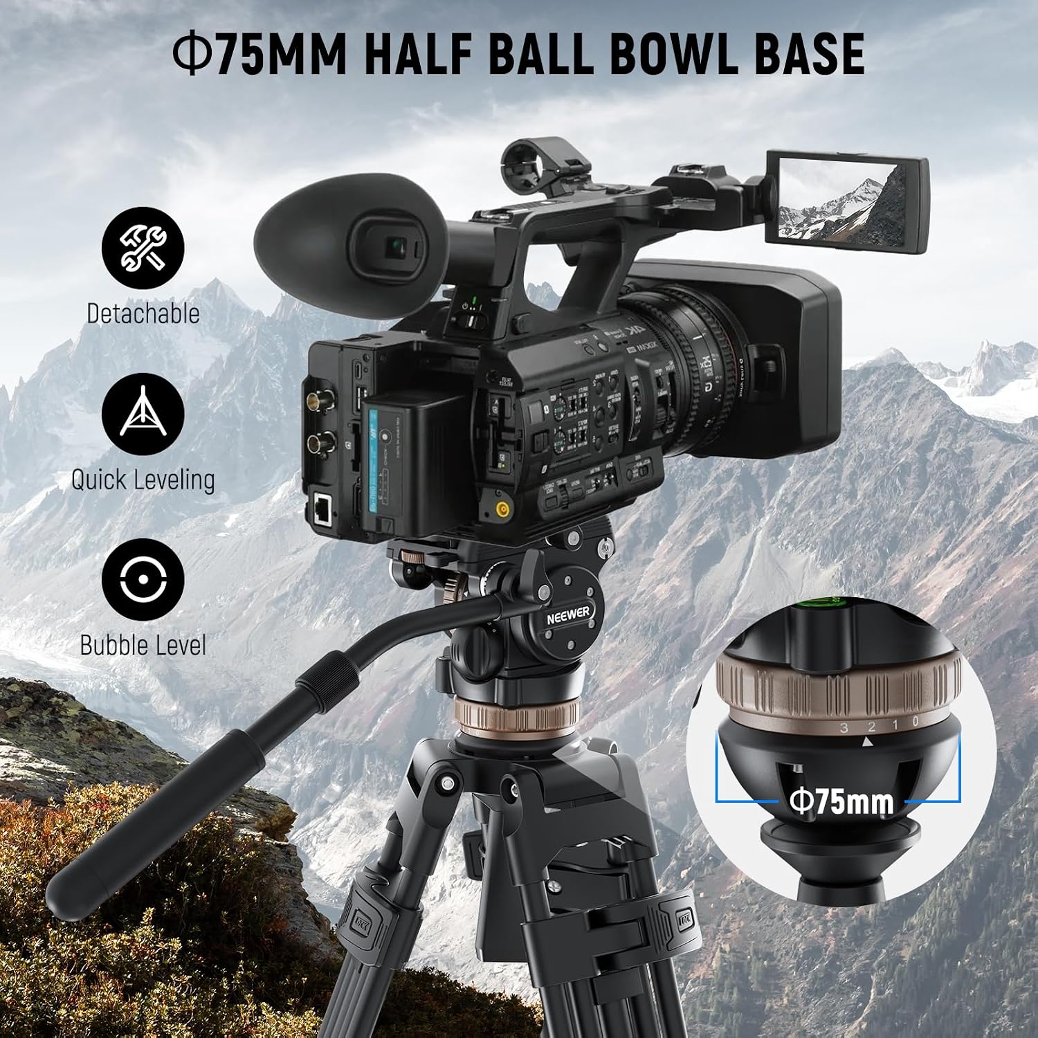 NEEWER Video Tripod Fluid Head w/ 6 Level Dynamic Counterbalance, 4 Level Pan/Tilt Damping, Handle, φ75mm Base, Metal Heavy Duty QR Plate Compatible with DJI RS Gimbals, Max Load 18lb, TH45