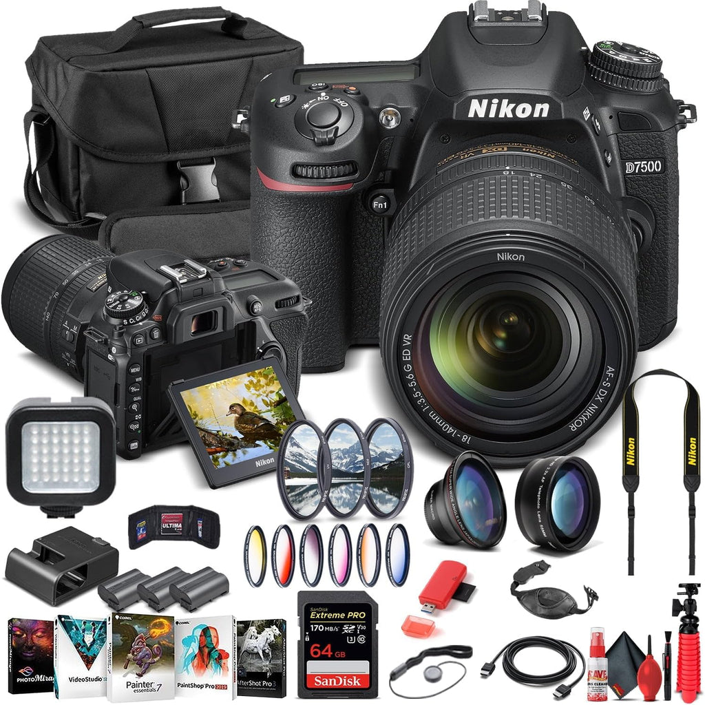 Nikon D7500 DSLR Camera with 18-140mm Lens (1582) + 64GB Memory Card + Case + Corel Photo Software + 2 x EN-EL 15 Battery + Card Reader + LED Light + Filter Kit + Wide Angle Lens + More