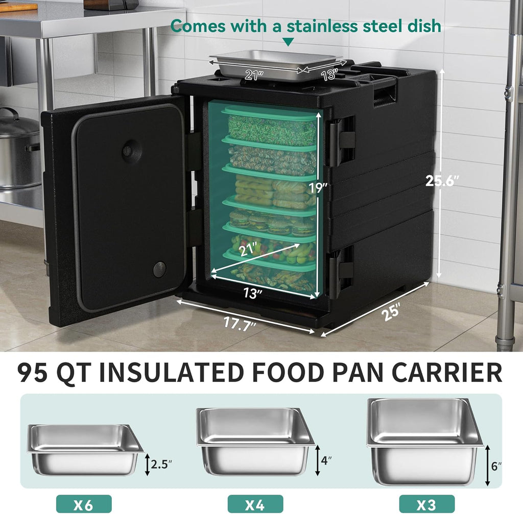 YITAHOME Insulated Food Pan Carrier, 95 Qt LLDPE Hot Box for Catering w/Stainless Steel Pan, Catering Food Warmer with Swivel Casters for 6 Full-Size Pans, Stackable Design for Restaurant Gathering