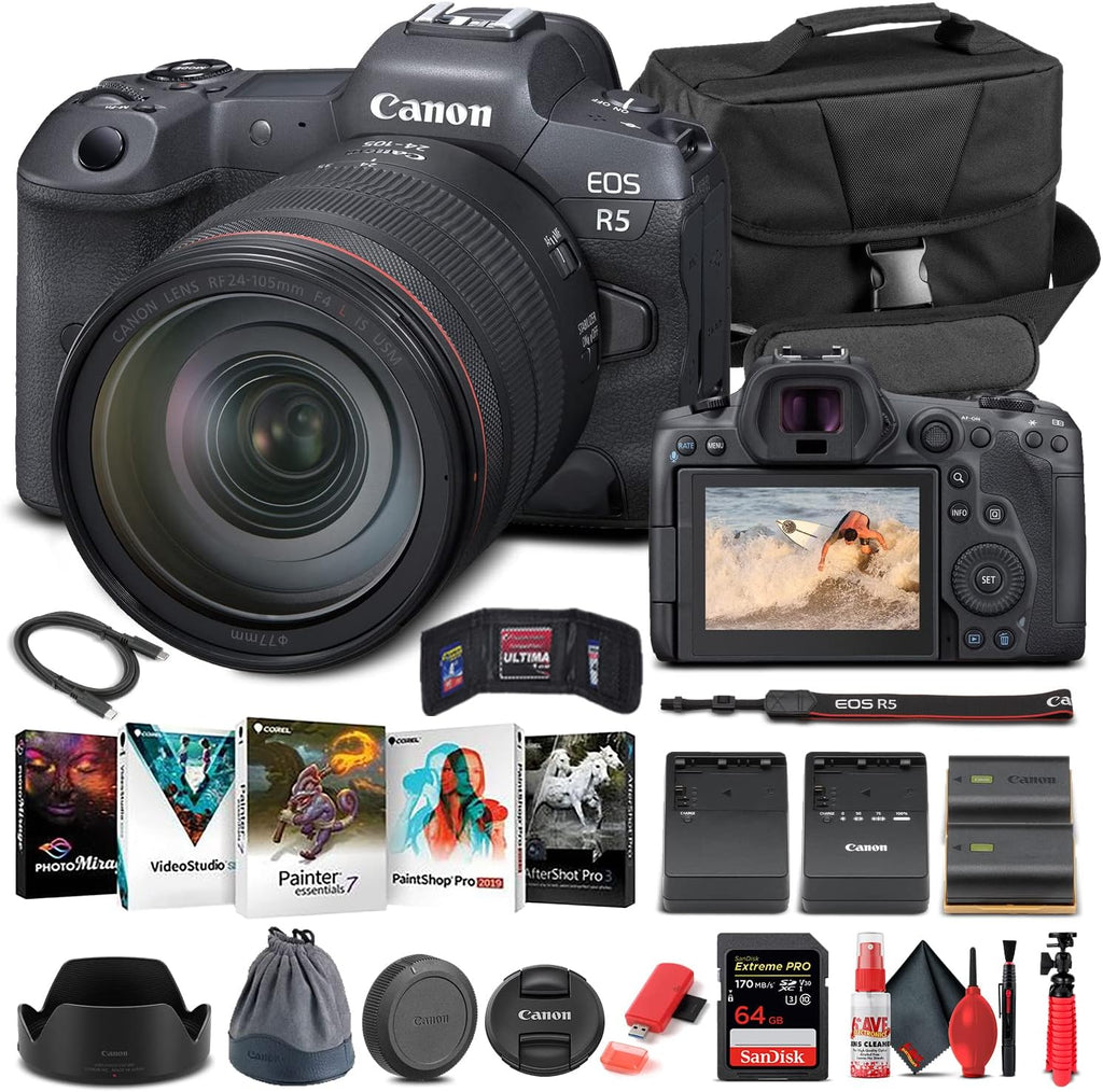 Canon EOS R5 Mirrorless Digital Camera with 24-105mm f/4L Lens (4147C013) + 64GB Memory Card + Case + Corel Photo Software + LPE6 Battery + External Charger + Card Reader + More
