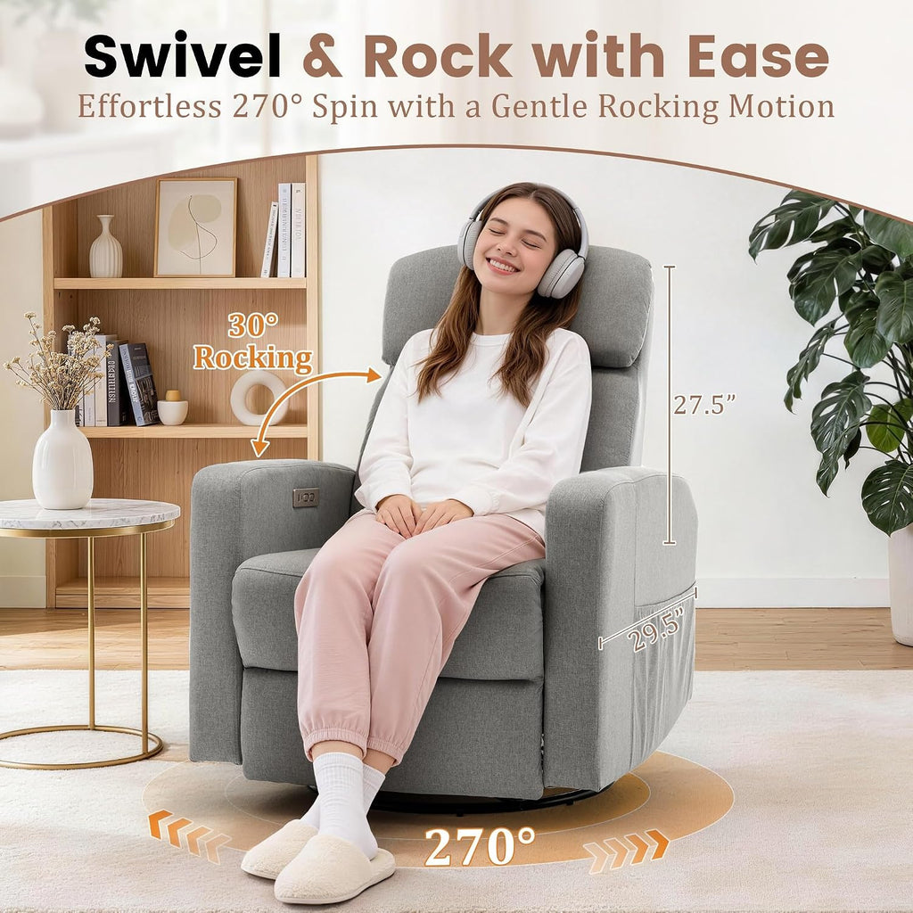 Korser Power Swivel Recliner Chairs for Adults, Electric Glider Rocking Chair Nursery, Glider Recliner Nursery Chair with Classified Side Pocket, Nursery Rocking Chairs with USB and Type-C Ports