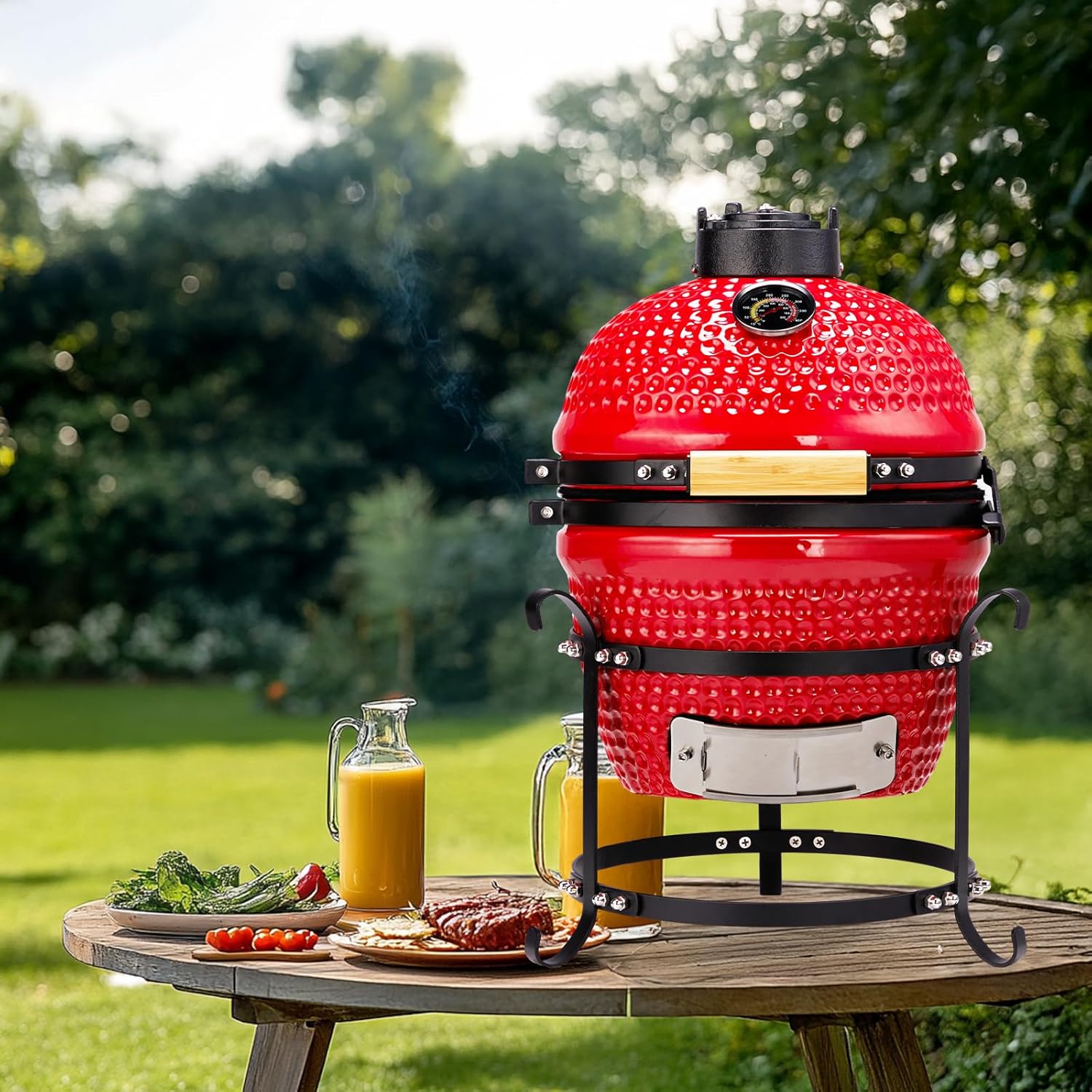 Vasitelan 13 inch Portable Ceramics Charcoal Grill,Kamado BBQ Charcoal Grill (Red)
