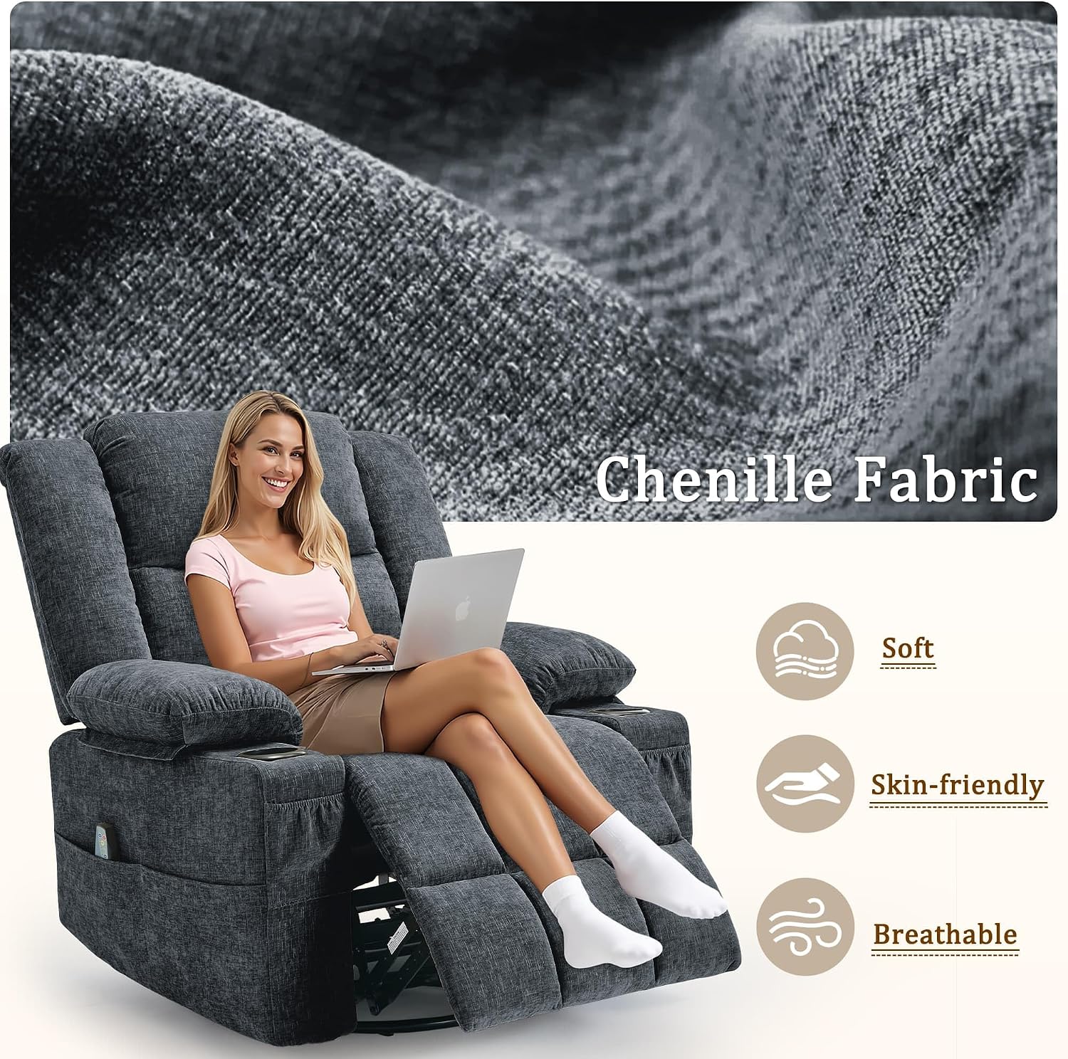 Korser 360° Swivel Rocker Recliner for Adults, Nursery Glider Recliner with Massage and Heating, Rocking Chair with Cup Holder, Manual Recliner Chair for Living Room, Bedroom (Fabric, Dark Gray)