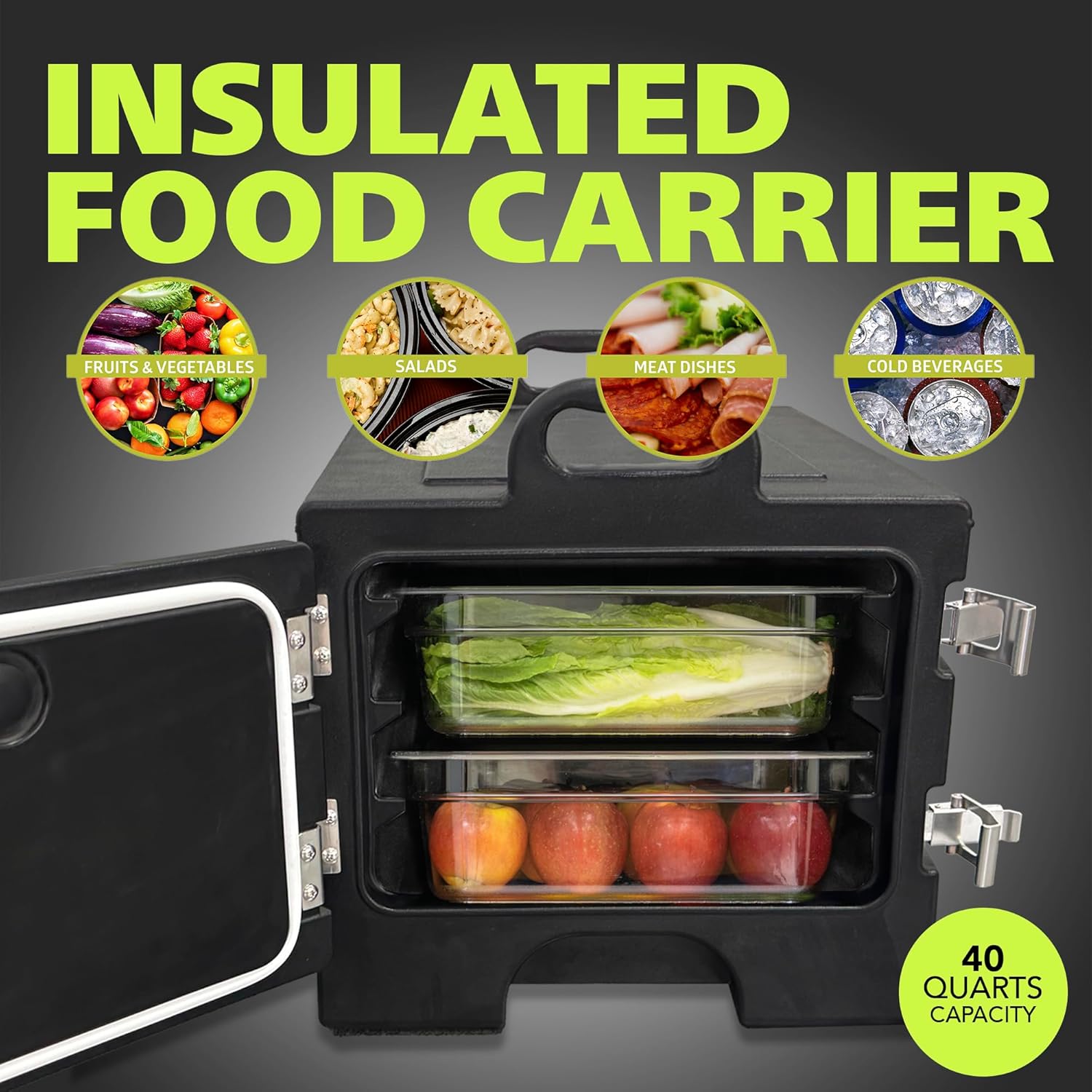Pearington 40qt Food Carrier, 304 Stainless Steel Latch, Portable Food Warmer, Black