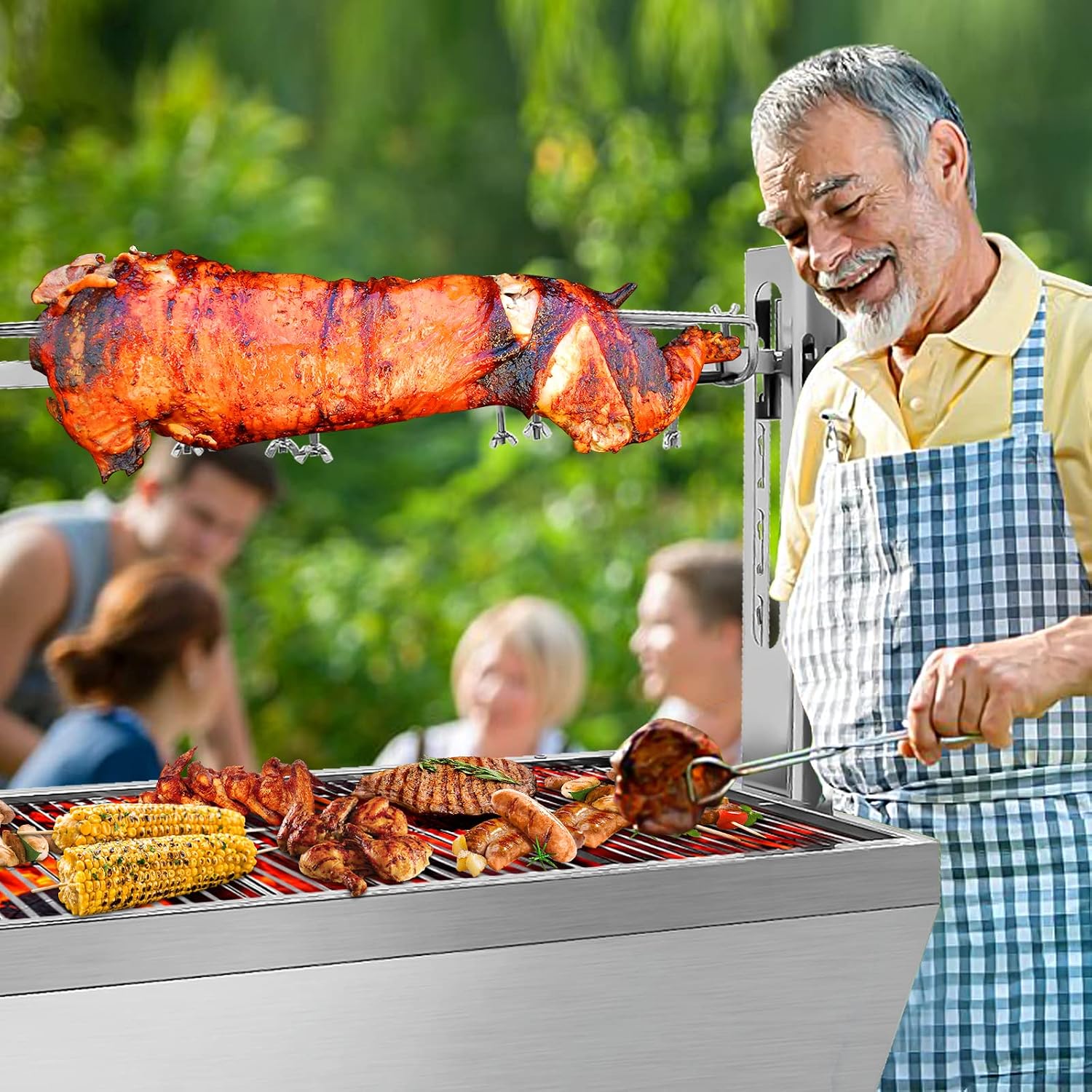 25w 37in Electric Rotisserie Grill Portable 132lbs Portable Stainless Steel Rotisserie Grill Roster With Wheels, Motor, Wind Baffle For Pig Chicken Lamb Rotisseries Roasting Machine
