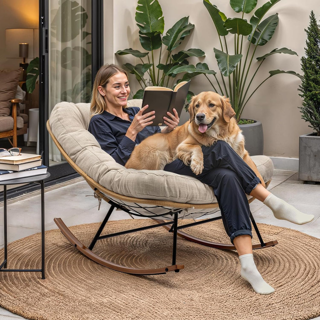 Bme Patio Rocking Chair Outdoor & Indoor, Beige Cushion - Wood Texture Rocker, Metal Patio Lounge Rocking Chair with Thick Cushion, Comfy Modern Rocker Chair for Living Room, Porch, Backyard