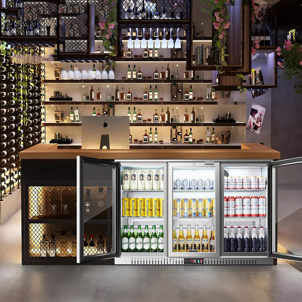 BODEGA BODEGACOOLER Back Bar Cooler, 11.4 Cu.Ft Stainless Steel Commercial Bar Fridge with 3 Glass Doors,Counter Height Bar Beverage Cooler with LED Lighting for Beer,Soda Drinks,Wine