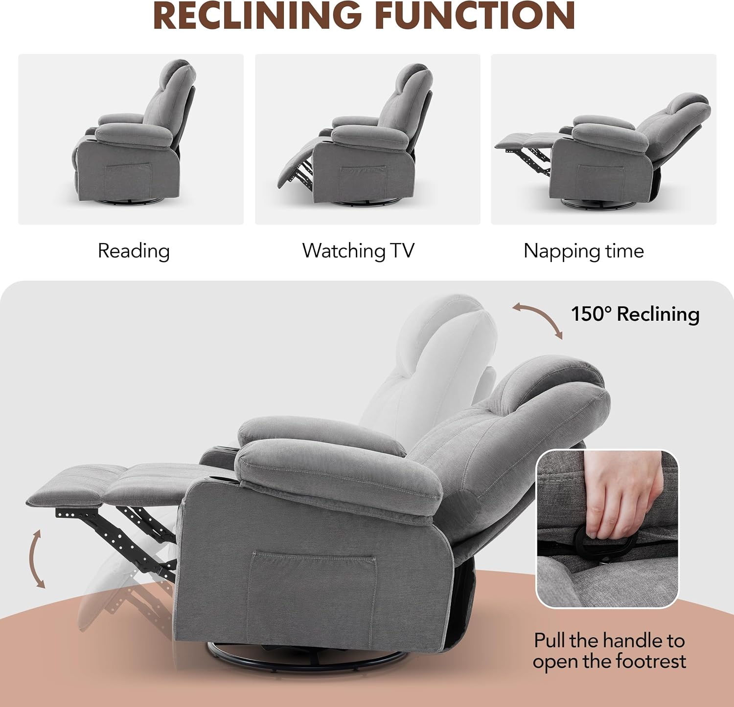 Weture Swivel Rocker Recliner Chair with Heat and Massage, Big Oversized Rocking Single Sofa for Living Room, 360 Degree Swivel Recliner Chair with Cup Holders and USB Port (Fabric, Grey)