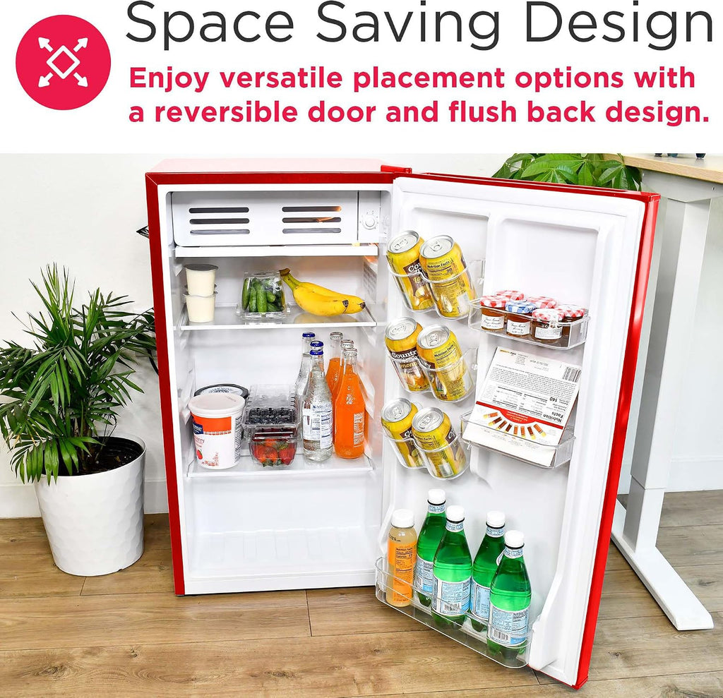 Frigidaire Retro Compact Fridge with Chiller, 3.2 cu ft Countertop Fridge with Built-In Bottle Opener, Compact Refrigerator for Office, Bedroom, Dorm Room or Cabin (Red)
