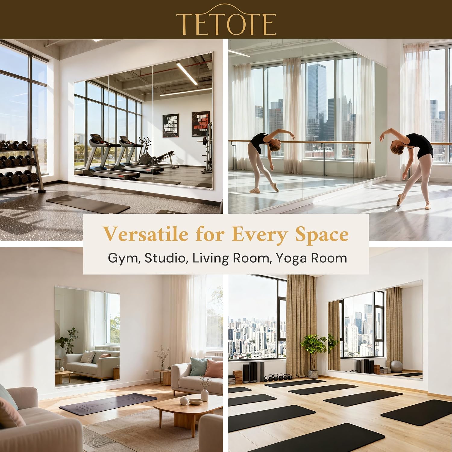 TETOTE Home Gym Mirror for Wall 48' x 32' - 1PC Large Frameless Tempered Glass Workout Exercise Fitness Mirror for Home Gym, Garage, Dance Studio, Yoga, Bedroom, Living Room