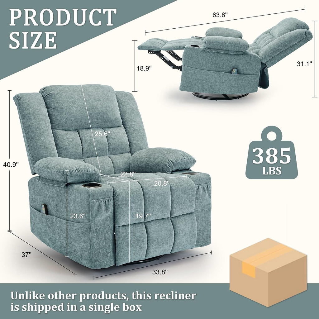 Korser Adult 360° Swivel Rocking Recliner, Nursery Rocking Chair with Massage and Heating Function, Cup Holder, Manually Adjustable Seat for Living Room and Bedroom (Fabric, Lake Blue)