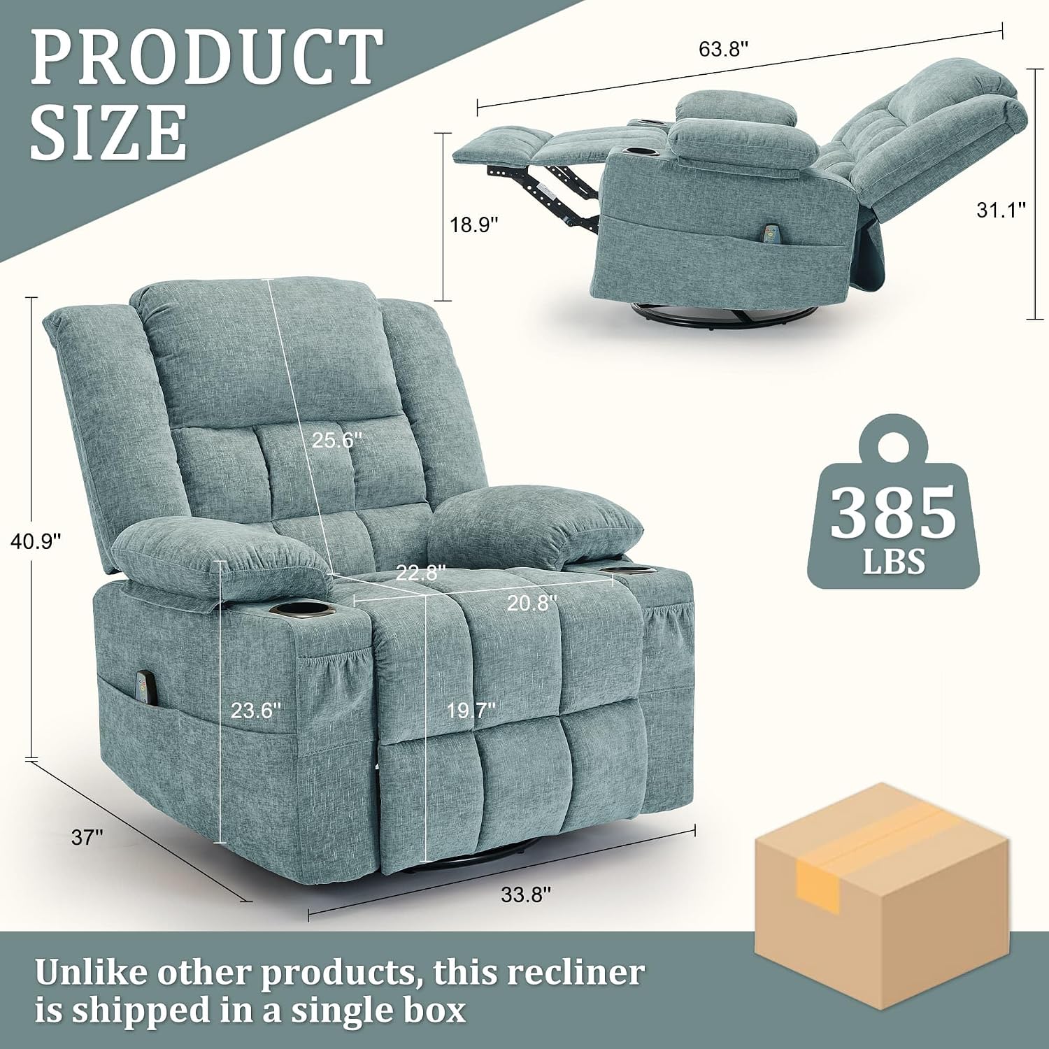 Korser Adult 360° Swivel Rocking Recliner, Nursery Rocking Chair with Massage and Heating Function, Cup Holder, Manually Adjustable Seat for Living Room and Bedroom (Fabric, Lake Blue)