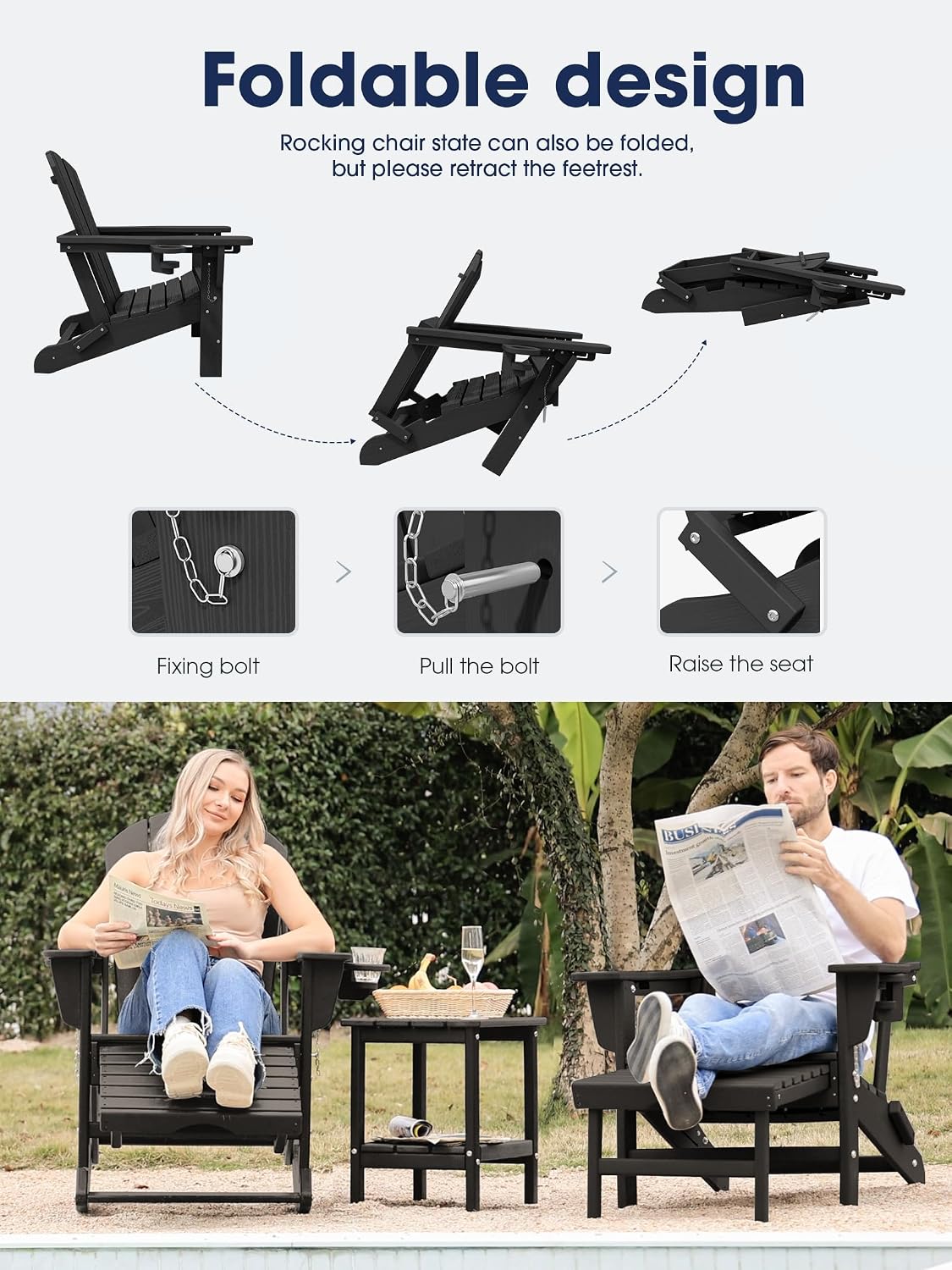 KINGYES Adirondack Rocking Chair Set of 4 with Retractable Ottoman and Cup Holders, HDPE Adirondack Rocker Patio Rocking Chair for Porch, Patio, Balcony, Black