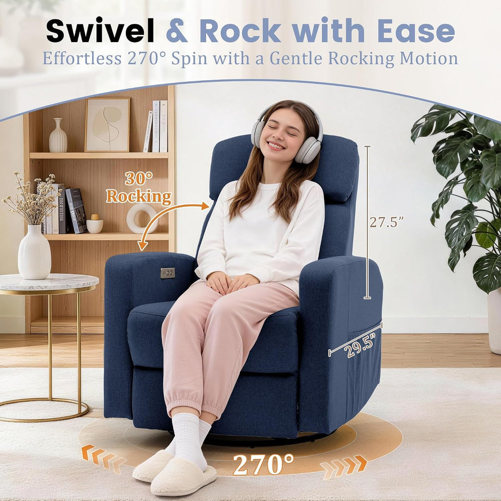 Korser Power Swivel Recliner Chairs for Adults, Electric Glider Rocking Chair Nursery, Glider Recliner Nursery Chair with Classified Side Pocket, Nursery Rocking Chairs with USB and Type-C Ports