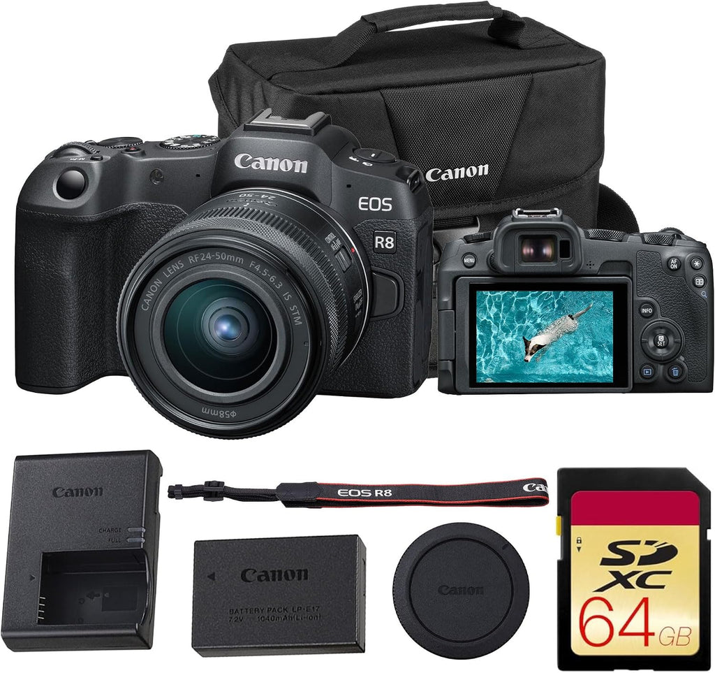 Canon EOS R8 Mirrorless Camera – 24.2MP Full-Frame RF Camera with 4K 60p Video, Dual Pixel AF II & Lightweight Design (with 24–50mm Kit) (5803C012) + 64GB Memory Card + Canon Shoulder Bag