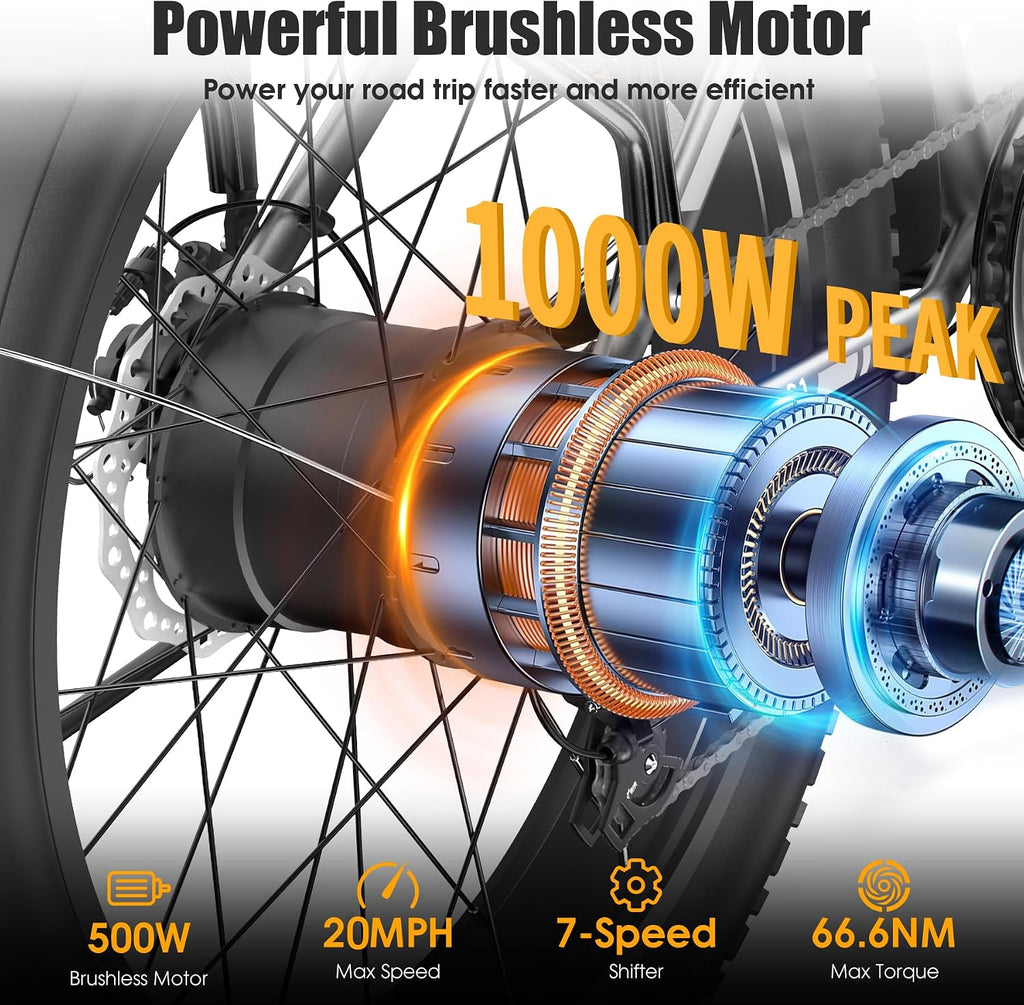 Electric Bike for Adults, 1000W Peak 20MPH 60Miles Ebike,48V 13AH Battery Electric Mountain Bike, 26' x 4'' Fat Tire Electric Bicycle with Rear Rack, Fenders, 7 Speed, UL 2849 Certified