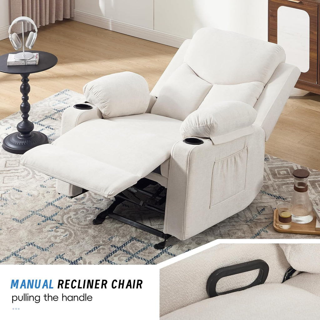 Manual Rocker Recliner Chair for Adults with Vibration Massage,Glider Rocking Recliner for Living Room Bedroom Nursery, Overstuffed Reclining Sofa Chair with Pockets and Cup Holds,Beige