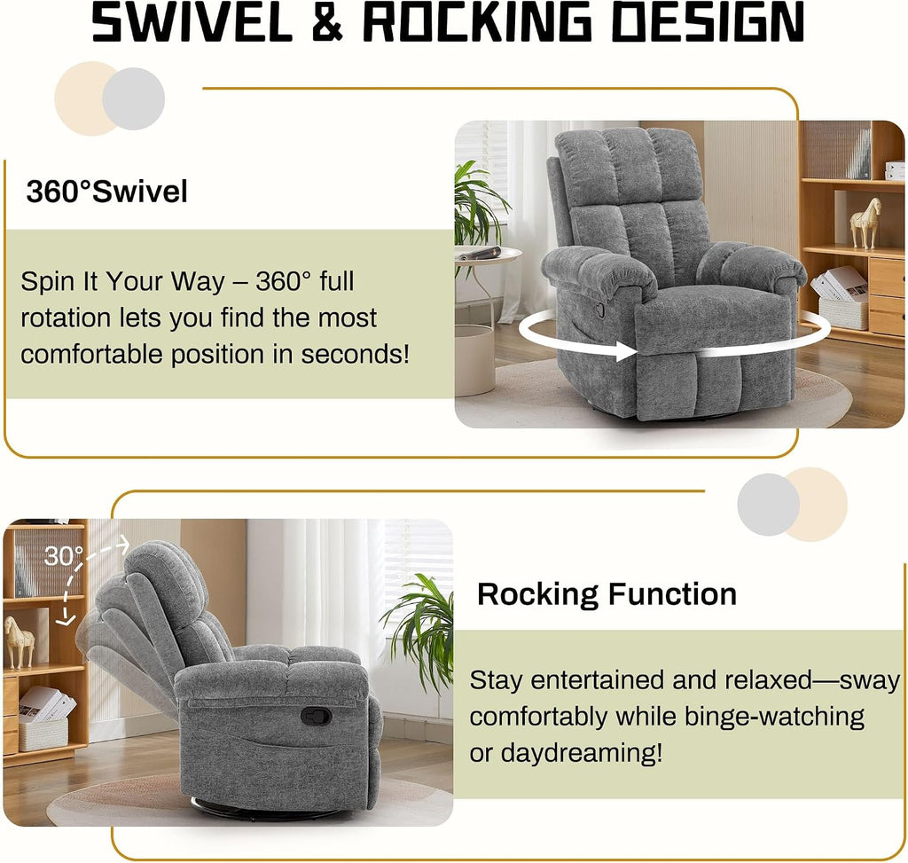Korser Recliner Chair, Swivel Rocker Recliner Chair for Adults, Small Recliners for Small Spaces, Manual Recliner with Side Pockets, Upholstered Nursery Rocking Chair for Living Room, Chenille, Grey