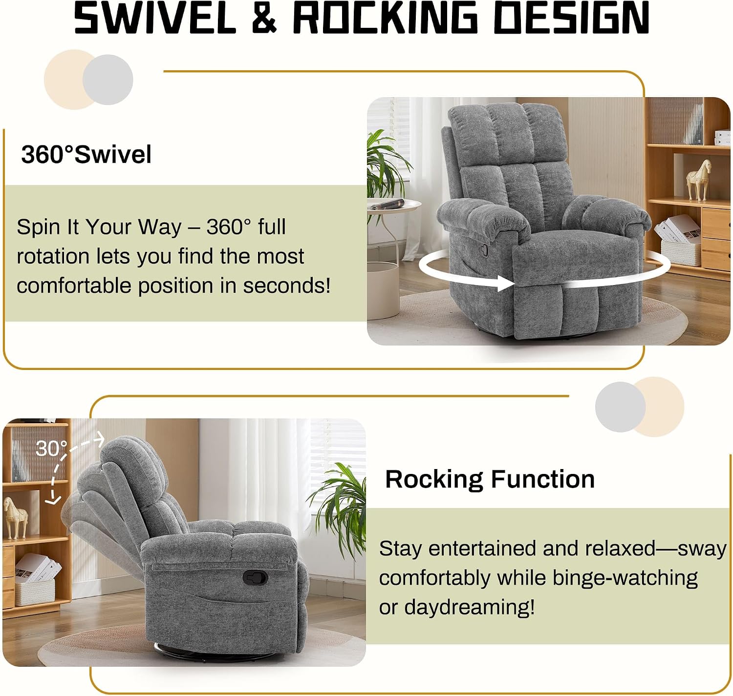 Korser Recliner Chair, Swivel Rocker Recliner Chair for Adults, Small Recliners for Small Spaces, Manual Recliner with Side Pockets, Upholstered Nursery Rocking Chair for Living Room, Chenille, Grey