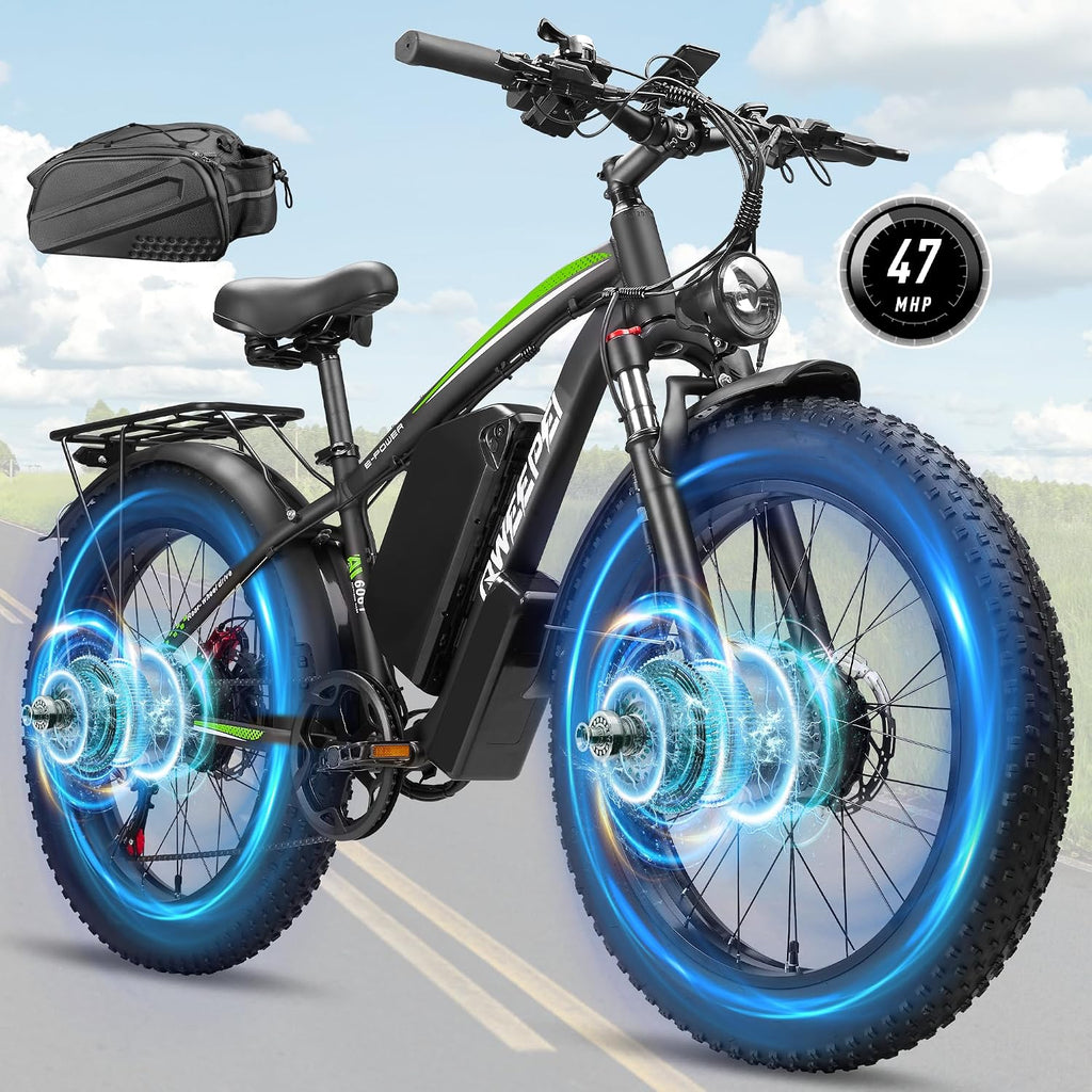 47MPH Ebike for Adults | 9000W Peak Dual Motor Ebike |58V Max-Output 36AH Battery | 24' Fat Tire Bike | 7 Speed LCD Display | Front Suspension | Travel | Off Road