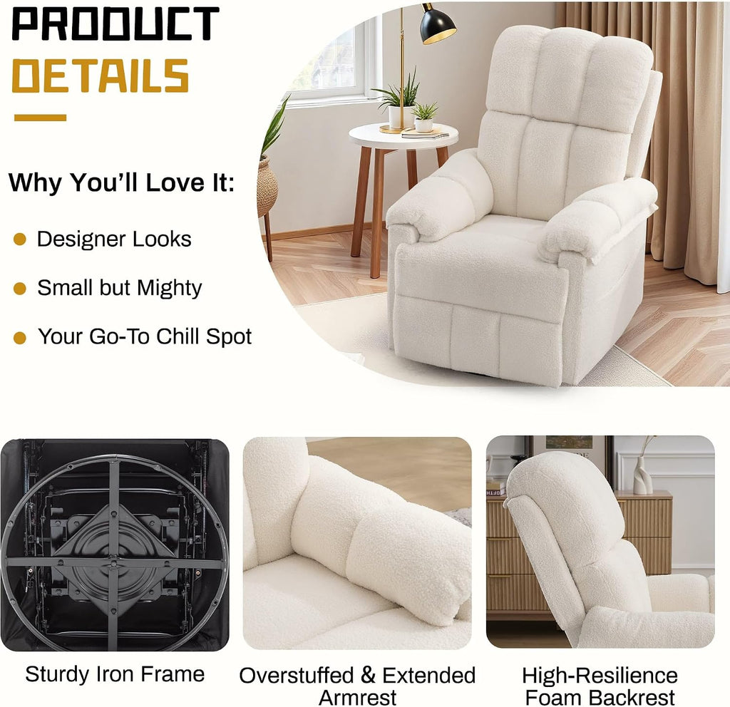 Korser Recliner Chair, Swivel Rocker Recliner Chair for Adults, Small Recliners for Small Spaces, Manual Recliner with Side Pockets, Upholstered Nursery Rocking Chair for Living Room, Sherpa, Beige