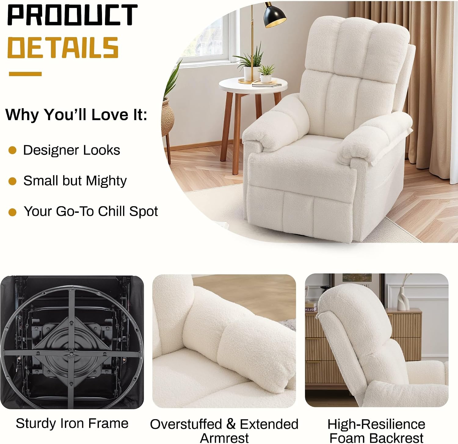 Korser Recliner Chair, Swivel Rocker Recliner Chair for Adults, Small Recliners for Small Spaces, Manual Recliner with Side Pockets, Upholstered Nursery Rocking Chair for Living Room, Sherpa, Beige