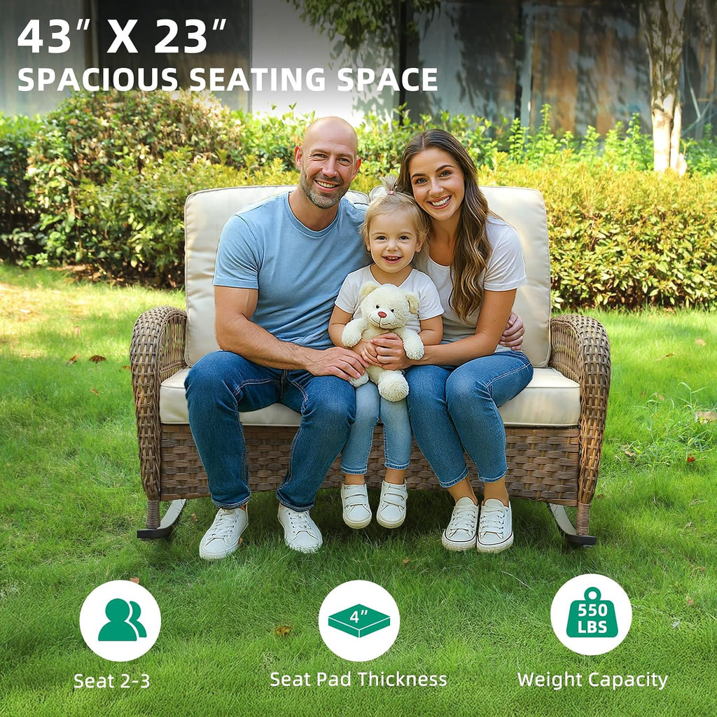 VIVIJASON Outdoor Wicker Loveseat Rocking Chair, 2-Person Patio Rattan Double Rocker Sofa with Thick Cushions, All-Weather Loveseat Rocker for Porch, Backyard & Garden