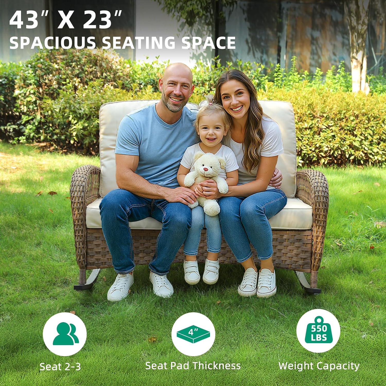 VIVIJASON Outdoor Wicker Loveseat Rocking Chair with Coffee Table, 2-Person Patio Rattan Rocker Sofa Set with Thick Cushions, All-Weather Loveseat Rocker for Porch, Backyard & Garden