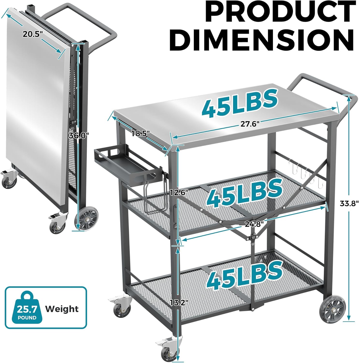 Ciokea Folding Outdoor Grill Cart with Wheels, 3-Shelf Grill Table with 27x18IN Stainless Steel Top, Rolling Pizza Oven Stand, Metal Portable Cart for BBQ Patio Camping (Grey)