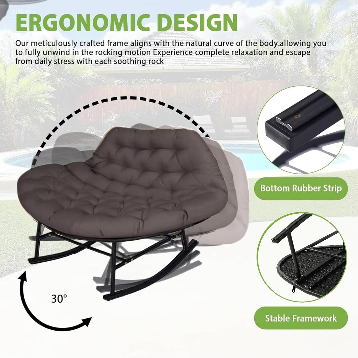 YOXIFOC Double Rocking Chair, Indoor and Outdoor Dual Lounge Chair, with Extra Thick and Large Cushion, Suitable for Living Room/Patio/Garden (Grey)