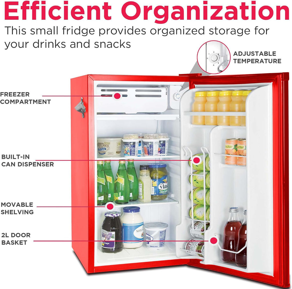 Frigidaire Retro Compact Fridge with Chiller, 3.2 cu ft Countertop Fridge with Built-In Bottle Opener, Compact Refrigerator for Office, Bedroom, Dorm Room or Cabin (Red)